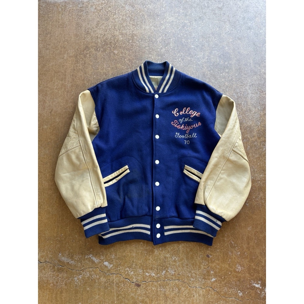 VTG 70s Wool Leather Varsity Football Jacket Weed California College Siskiyou L